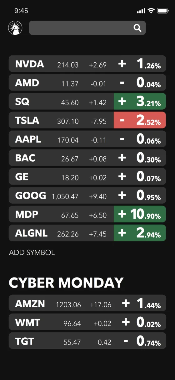 Dark watchlist with price changes and a Cyber Monday group