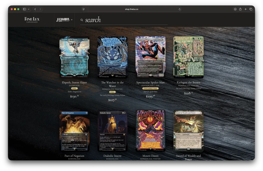 FineLux storefront with featured Magic cards on a dark wood background