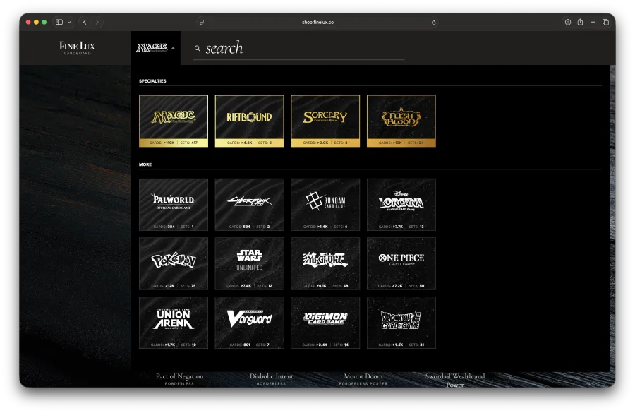 Game picker listing supported card games with card and set counts