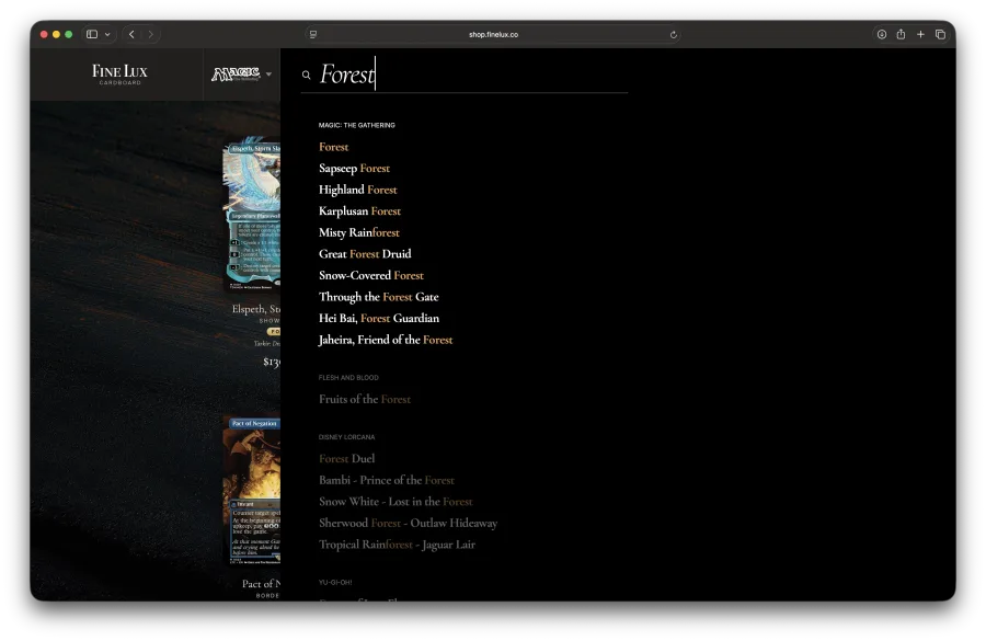 Search autocomplete for Forest, grouped by game