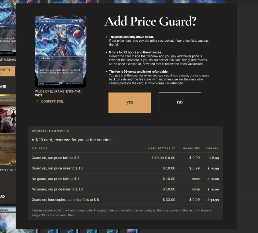 Add Price Guard dialog with worked pricing examples