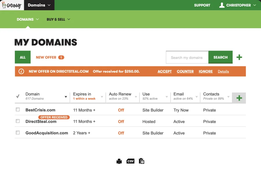 My Domains with a new offer banner