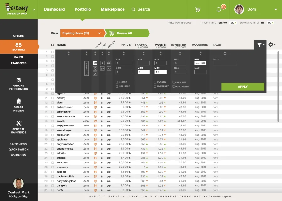 Investor Pro portfolio with the filter panel open