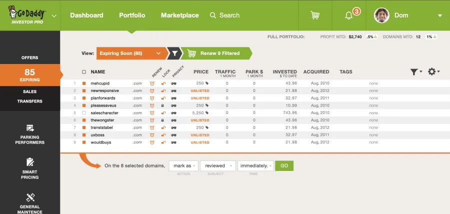 Bulk action on selected expiring domains