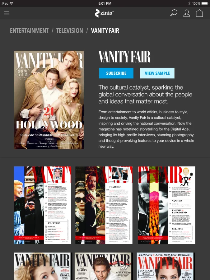 Vanity Fair magazine page with subscribe and view sample